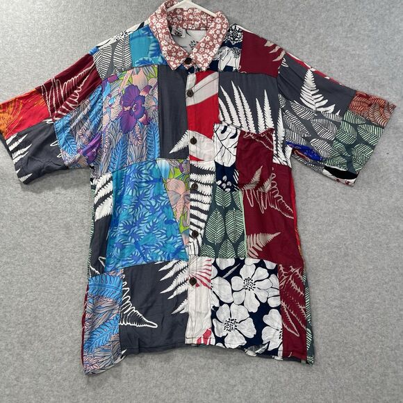 Island Goddess Aloha Hawaiian Button Up Shirt mens Medium Floral Patchwork - Picture 1 of 12